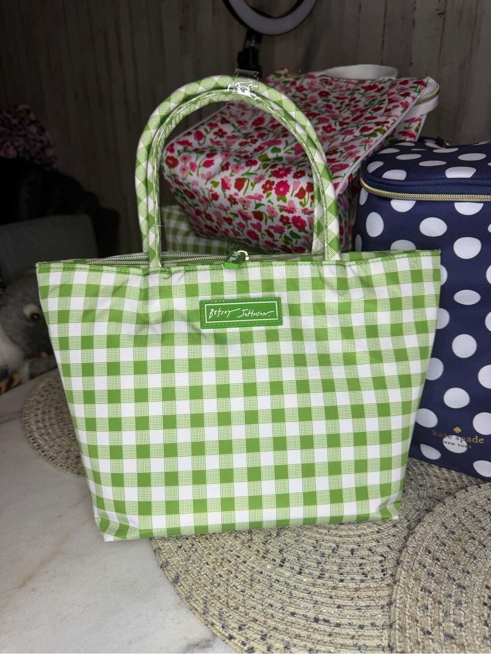 Betsey Johnson Green and White Gingham Tote Bag